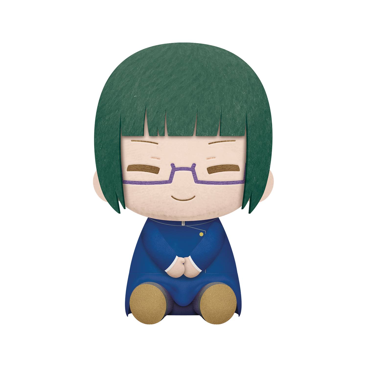 Jujutsu Kaisen's Maki Zenin, a green haired girl with blue bottom framed glasses. She's sitting with her arms on her stomach, feet facing forward.