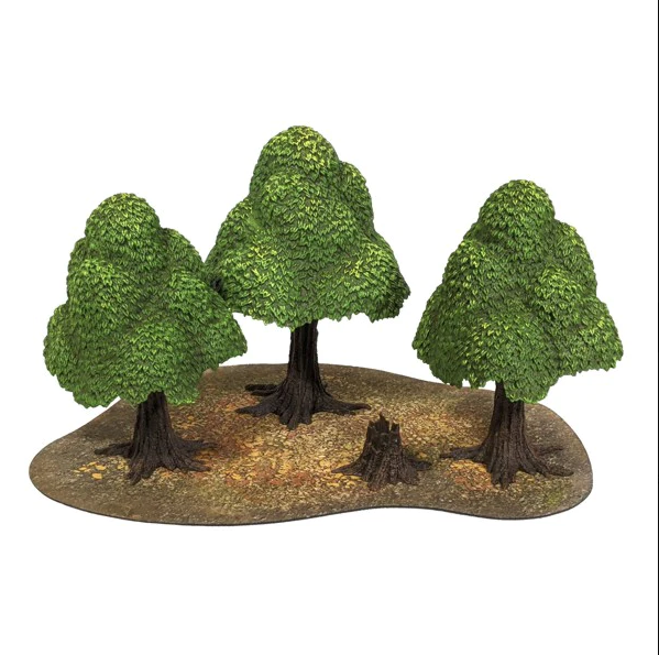 3 trees and a stump on a grassy field
