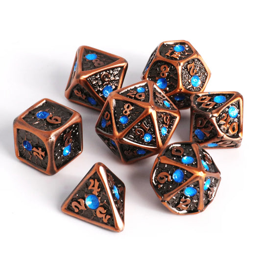 7pc Moonshatter Copper w/ Blue Metal Dice