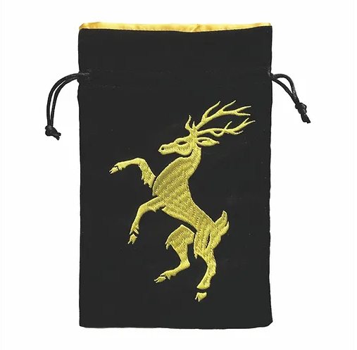 Black felt bag with two black draw strings. On the front is a golden stag rearing its legs. The interior of the bag is the same color as the stag.
