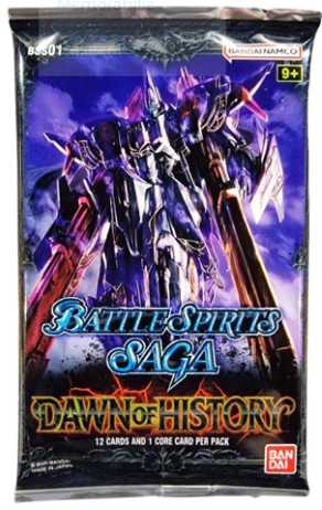 Battle Spirits Saga Dawn of History pack that has a purple, blue, black, and red robot on the front
