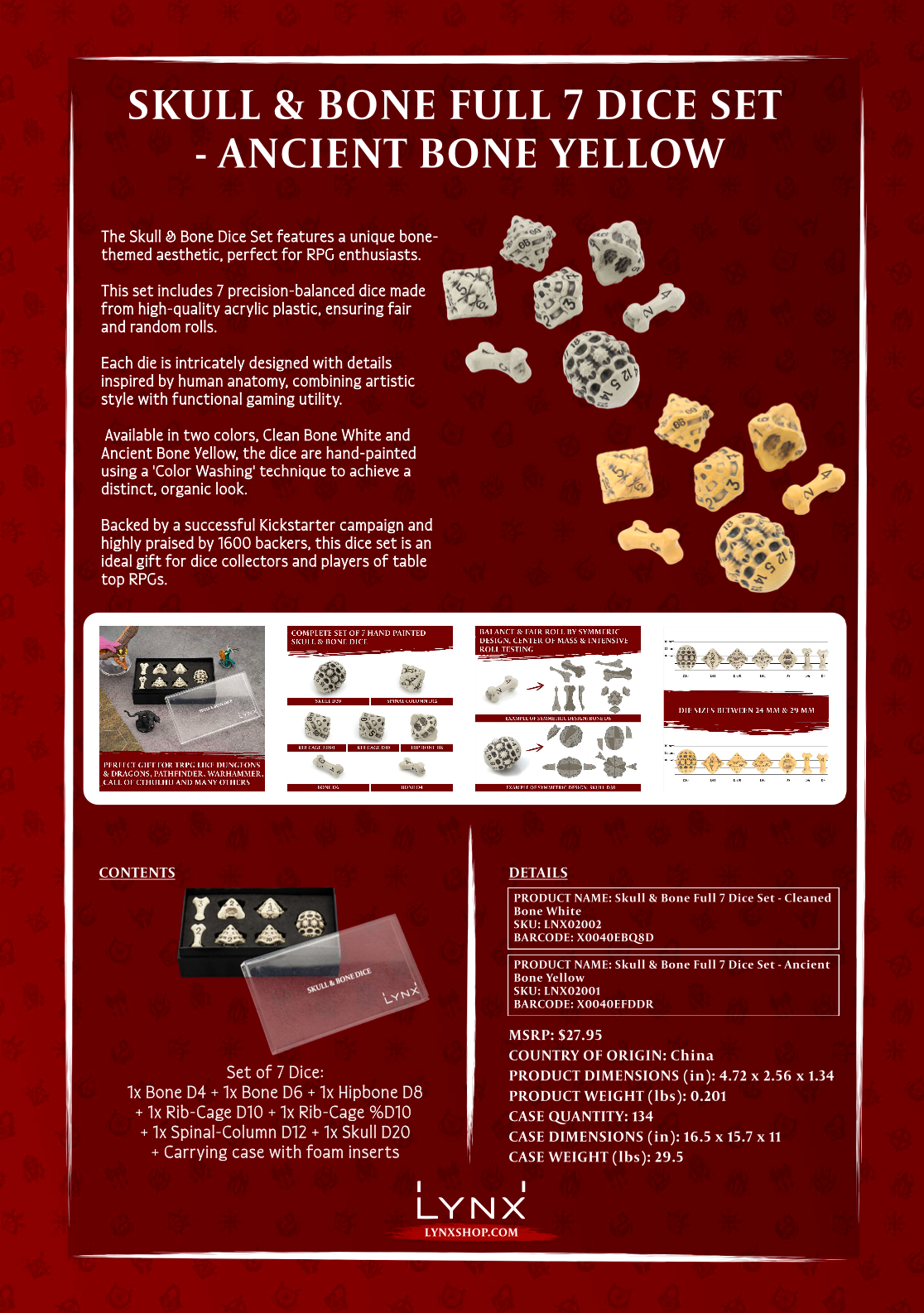 Skull & Bone Full 7 Dice Set - Cleaned Bone White