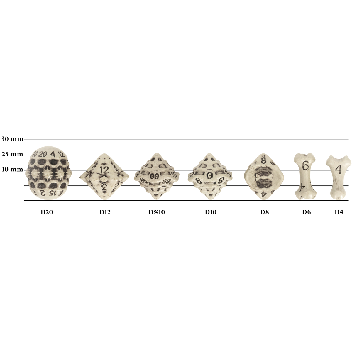 Skull & Bone Full 7 Dice Set - Cleaned Bone White