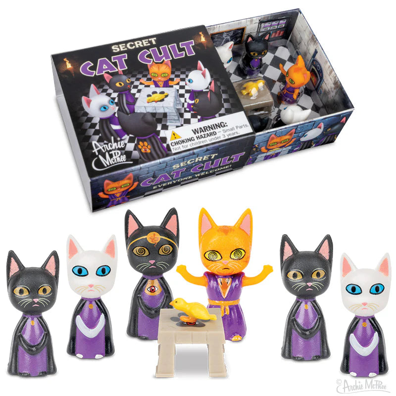 Archie McPhee Secret Cat Cult Gift Set 6 Vinyl Cats, Altar, Bird Sacrifice