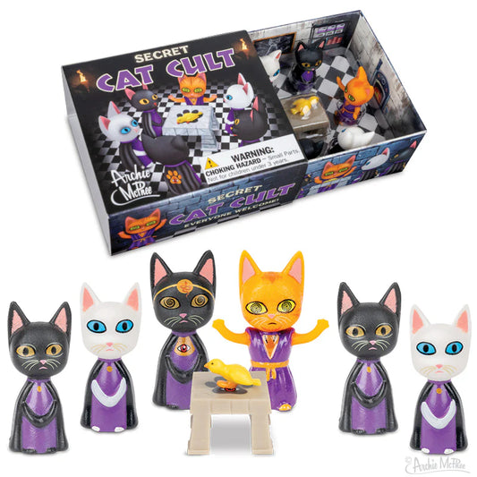Archie McPhee Secret Cat Cult Gift Set 6 Vinyl Cats, Altar, Bird Sacrifice