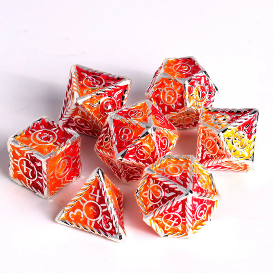 7pc Sunwave Silver w/Red-Orange Metal Dice
