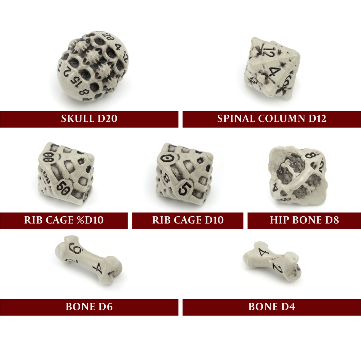 Skull & Bone Full 7 Dice Set - Cleaned Bone White